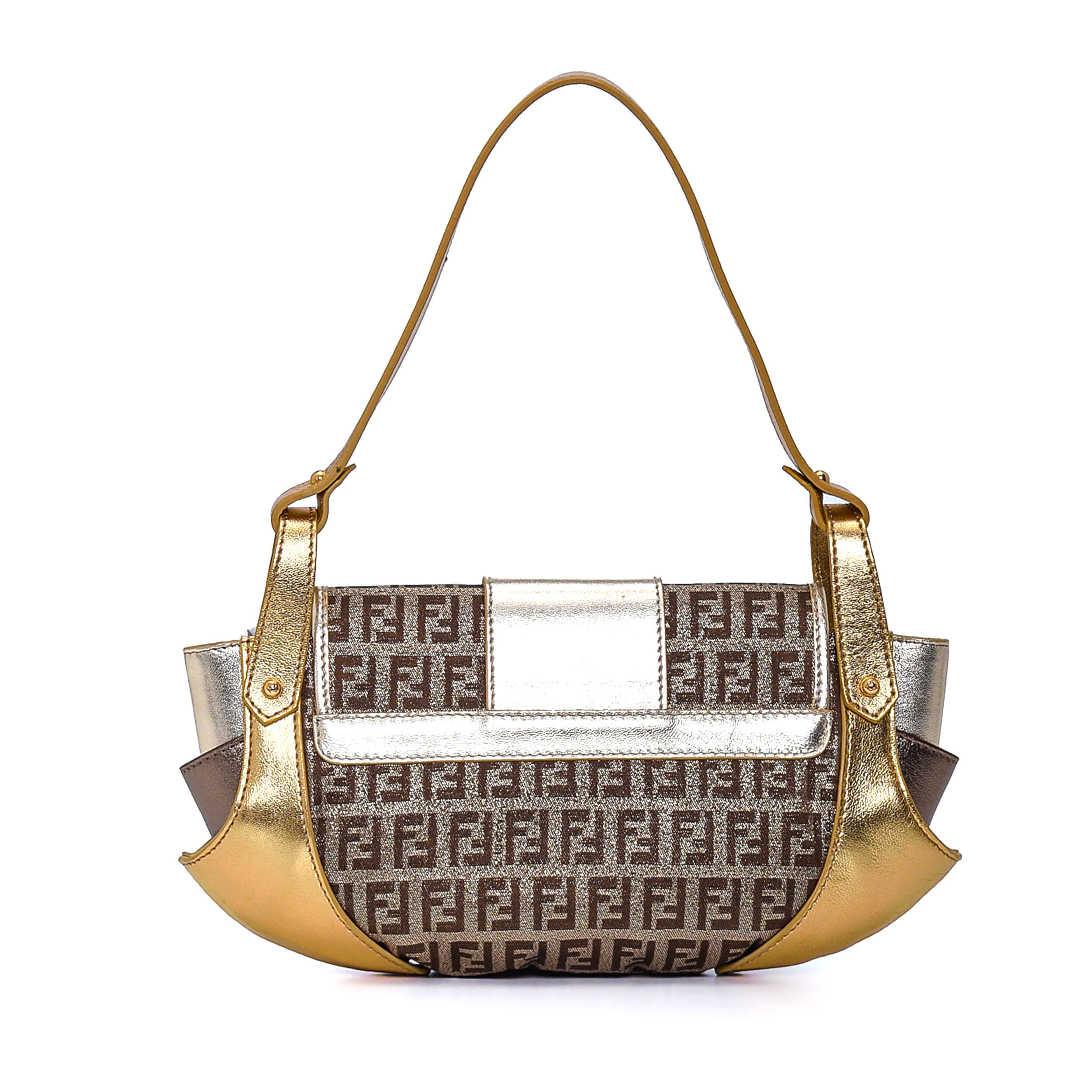 Fendi - Metallic Gold Leather &FF Canvas Baguette Bag